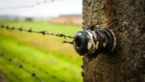 Ein Stacheldrahtzaun mit einem Keramikisolator symbolisiert die düstere Geschichte des Hitler-Stalin-Pakts.