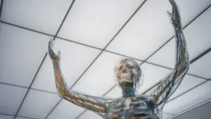 Anatomisches Skelettmodell mit sichtbarem Gefäßsystem vor einer modernen, hellen Deckenbeleuchtung in einem Museum.