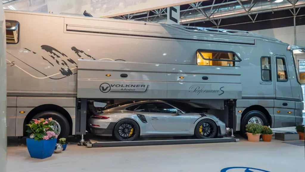 Luxuriöses Wohnmobil mit integrierter Garage für einen Sportwagen auf einer Messe.