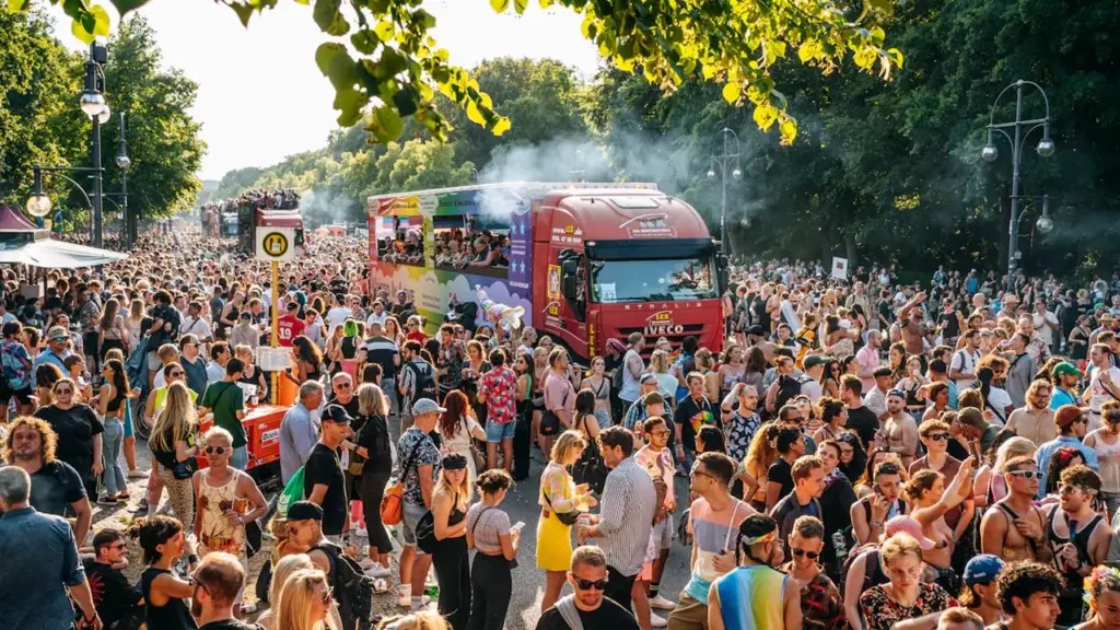Menschenmenge bei einer lebhaften Outdoor-Veranstaltung im Park mit sommerlicher Stimmung.