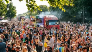 Menschenmenge bei einer lebhaften Outdoor-Veranstaltung im Park mit sommerlicher Stimmung.