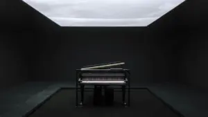 Ein schwarzer Flügel steht mittig in einem dunklen Raum unter einer hellen Lichtdecke.