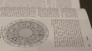 Eine Nahaufnahme einer Buchseite mit einem abgebildeten Tierkreiszeichen-Diagramm für astrologische Prognosen.