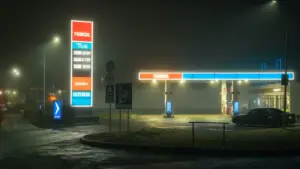 Eine beleuchtete Tankstelle an einem nebligen Abend für den Preisvergleich.